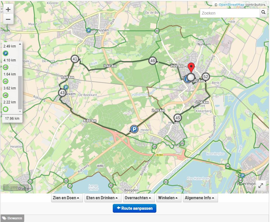 Kaart met de zelf samengestelde route uit de routeplanner van Hart van Limburg