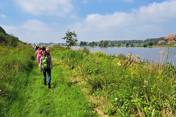 Hikers stroll along a narrow grassy path along the Meuse, surrounded by greenery and flowering plants, with a blue sky in the background.