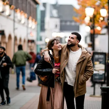 Een lachend stel loopt arm in arm door een sfeervol verlichte winkelstraat tijdens Late Night Shopping, met andere bezoekers op de achtergrond.